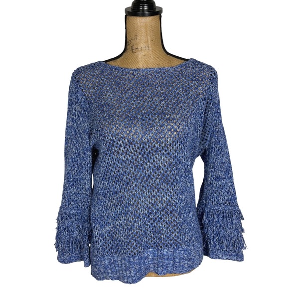 tyler böe Sweaters - Tyler Boe Fringe Bell Sleeve Sweater Blue Open Knit Cotton Coastal Size Medium